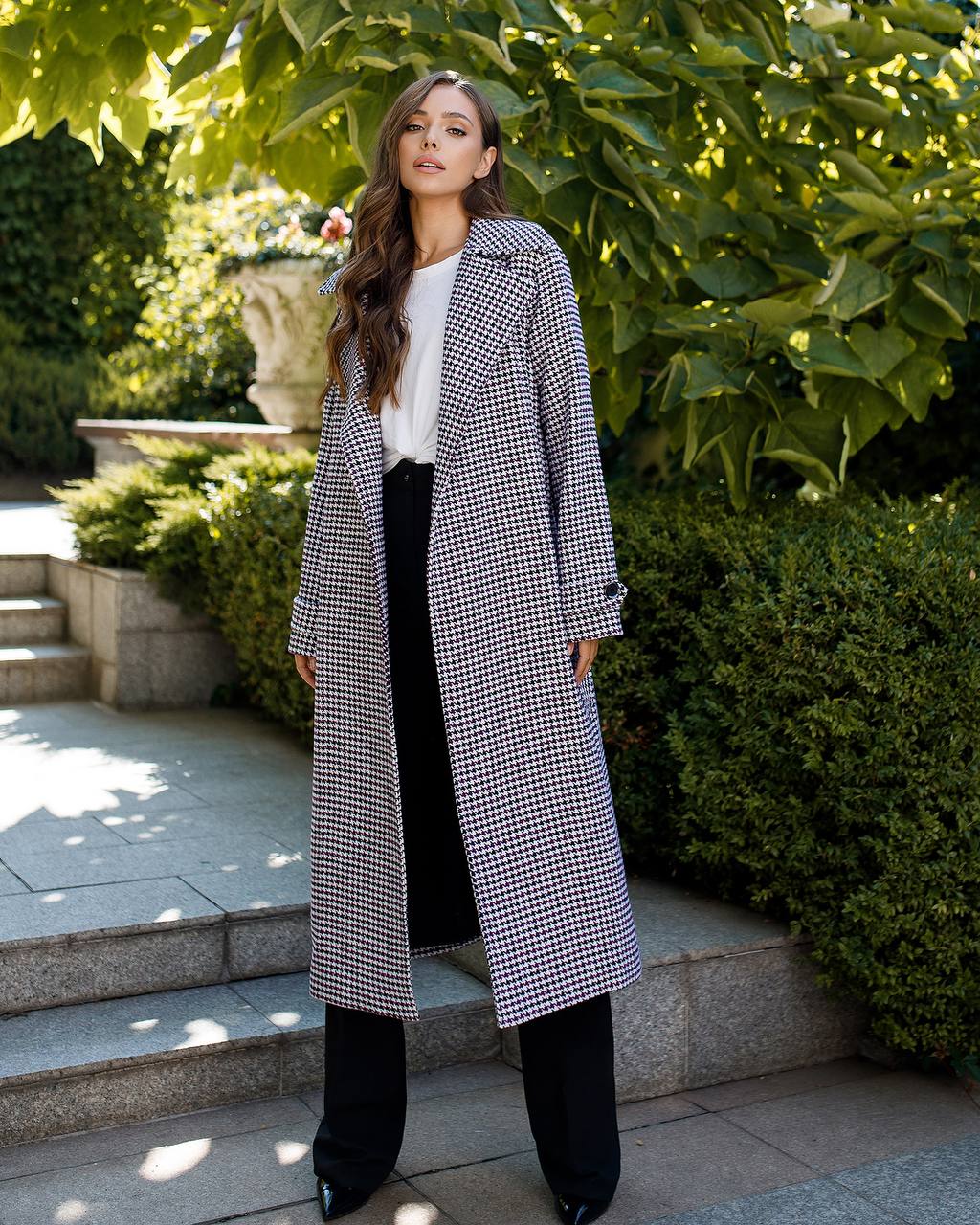 Womens Turkish Fabric Houndstooth Pattern Coat Long Trench Style Belted