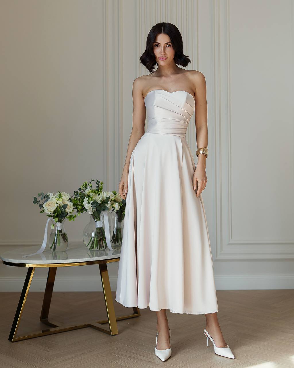 Elegant Premium Dense Satin Strapless Midi Dress for Women