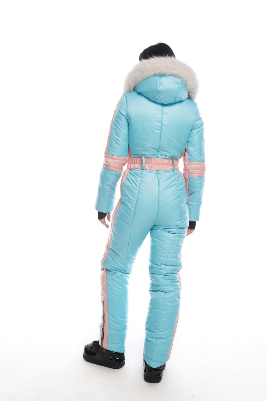 Light blue snowsuit with pink stripes on a white background