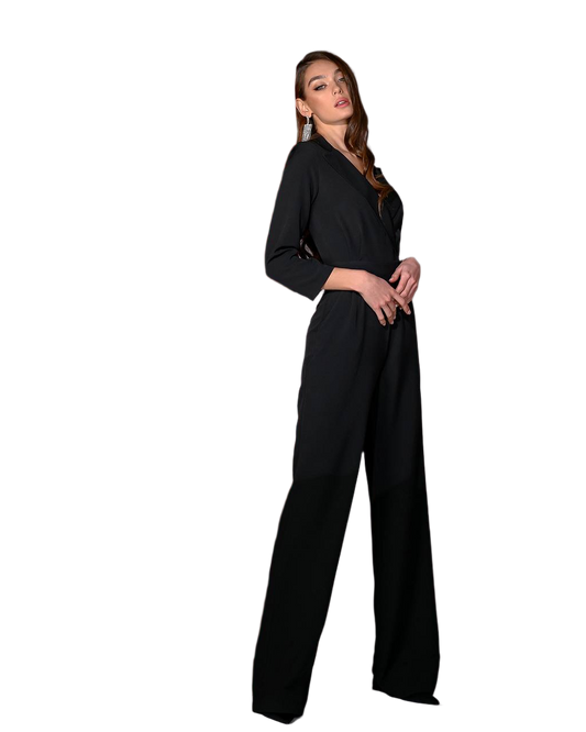 Elegant Black Jumpsuit for Women in Suit Diagonal Crepe Fabric