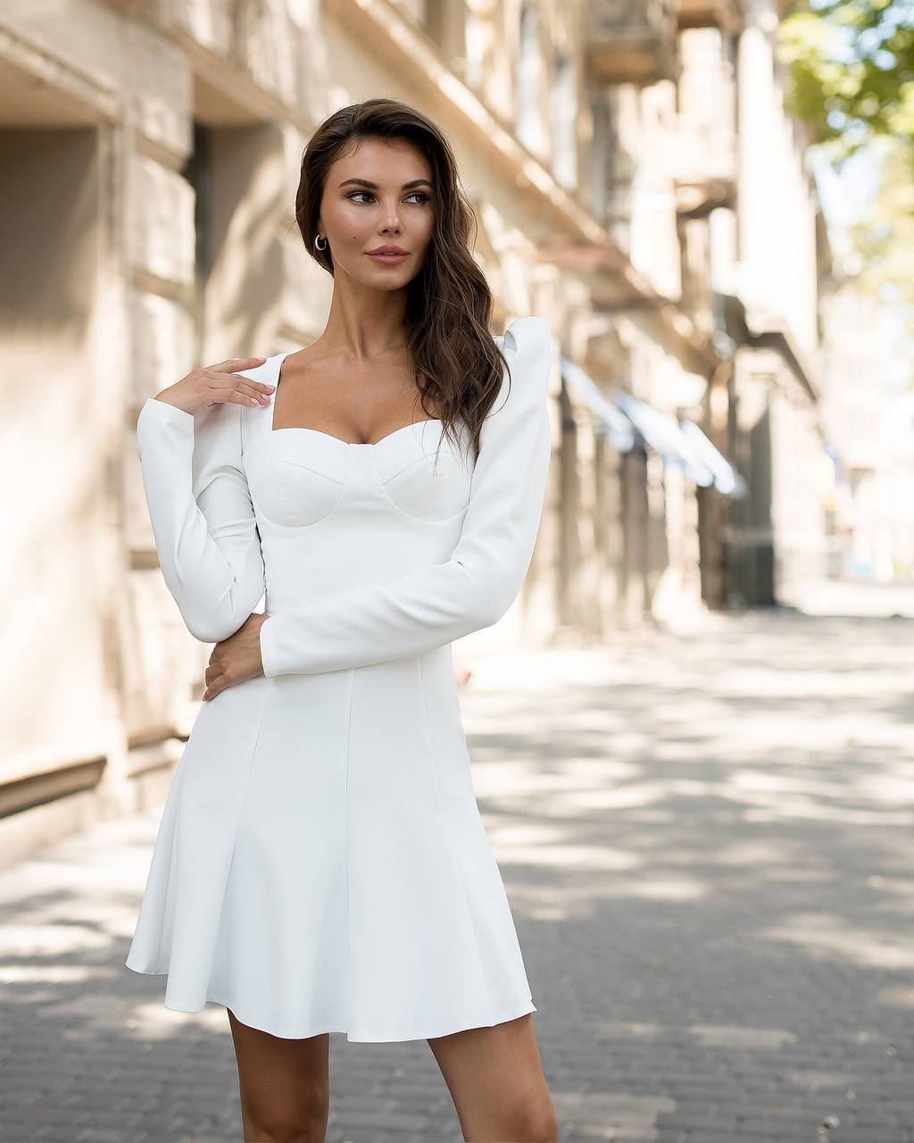 White Premium Diagonal Suiting Crepe Dress with Puff Sleeves