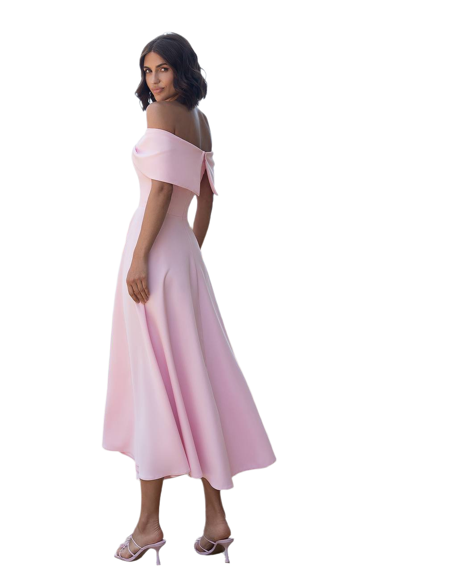 Woman wearing a pink off-shoulder dress on a white background