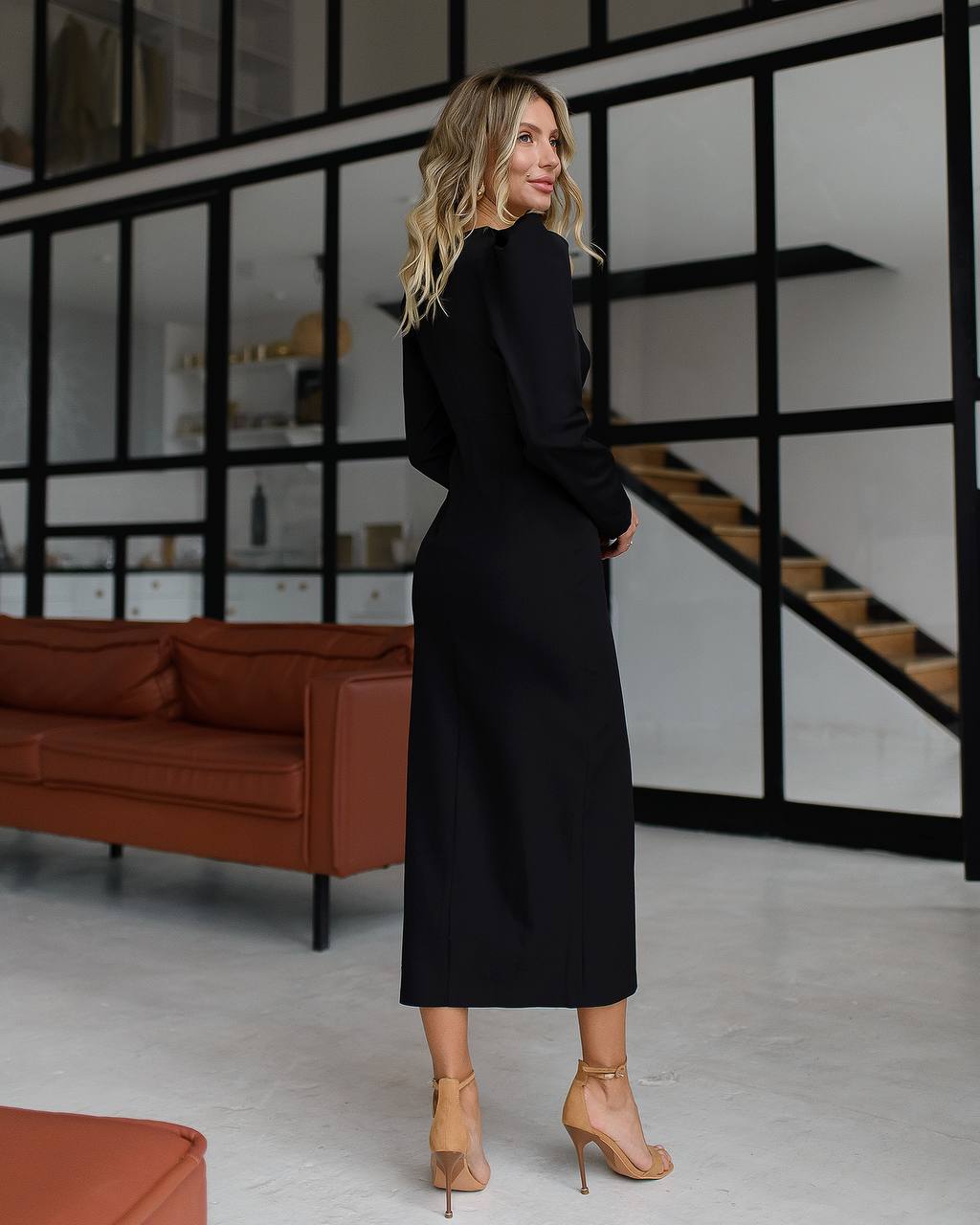 Elegant Black Midi Dress Women Puff Sleeve Crepe Diagonal Fabric