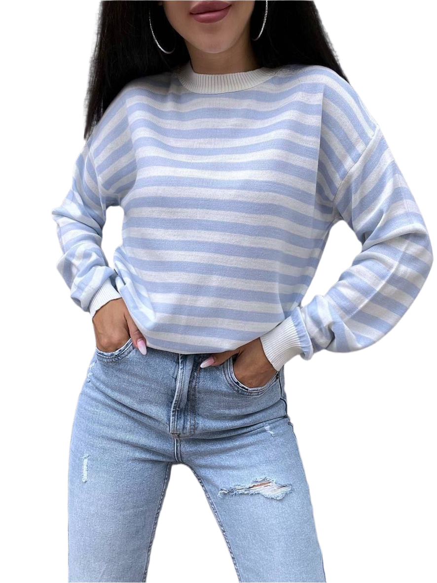 Womens Striped Knit Sweater Soft Wool Acrylic Blend Light Blue White