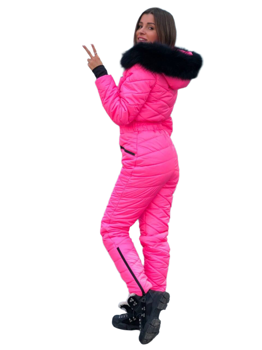 Person wearing a bright pink puffer suit with a black fur-lined hood on a white background