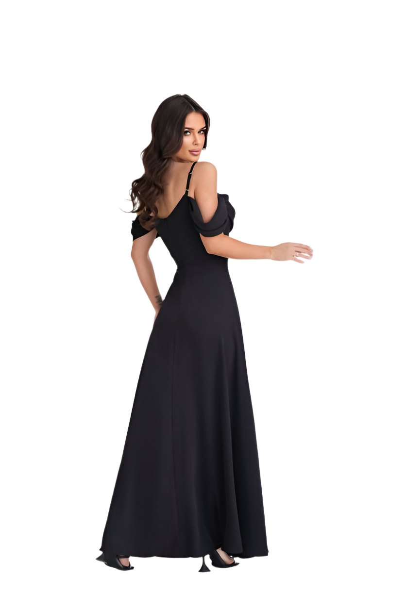 Elegant Black Evening Dress with Draped Neckline and Off-Shoulder Sleeves