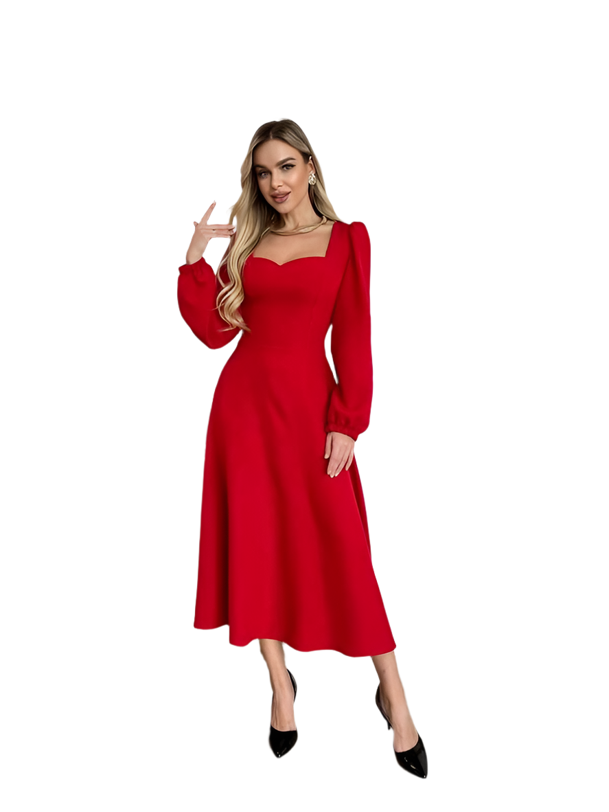 Elegant Red Midi Dress with Long Sleeves