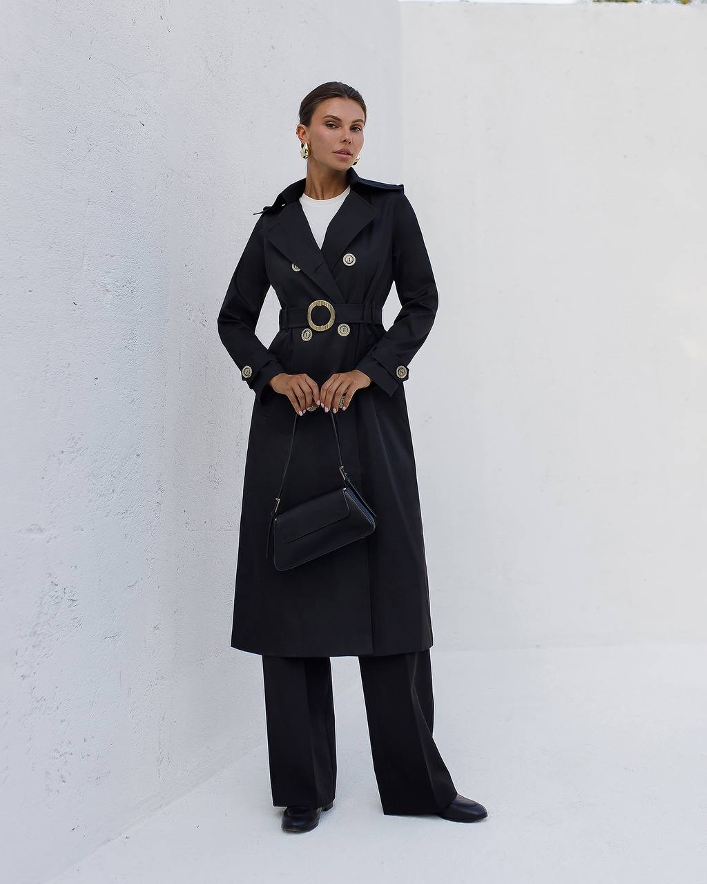 Stylish Black Trench Coat for Women with Belt and Pockets