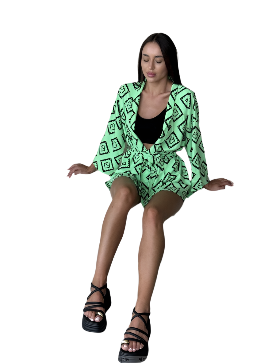 Womens Green Patterned Soft Fabric Kimono Set with Shorts