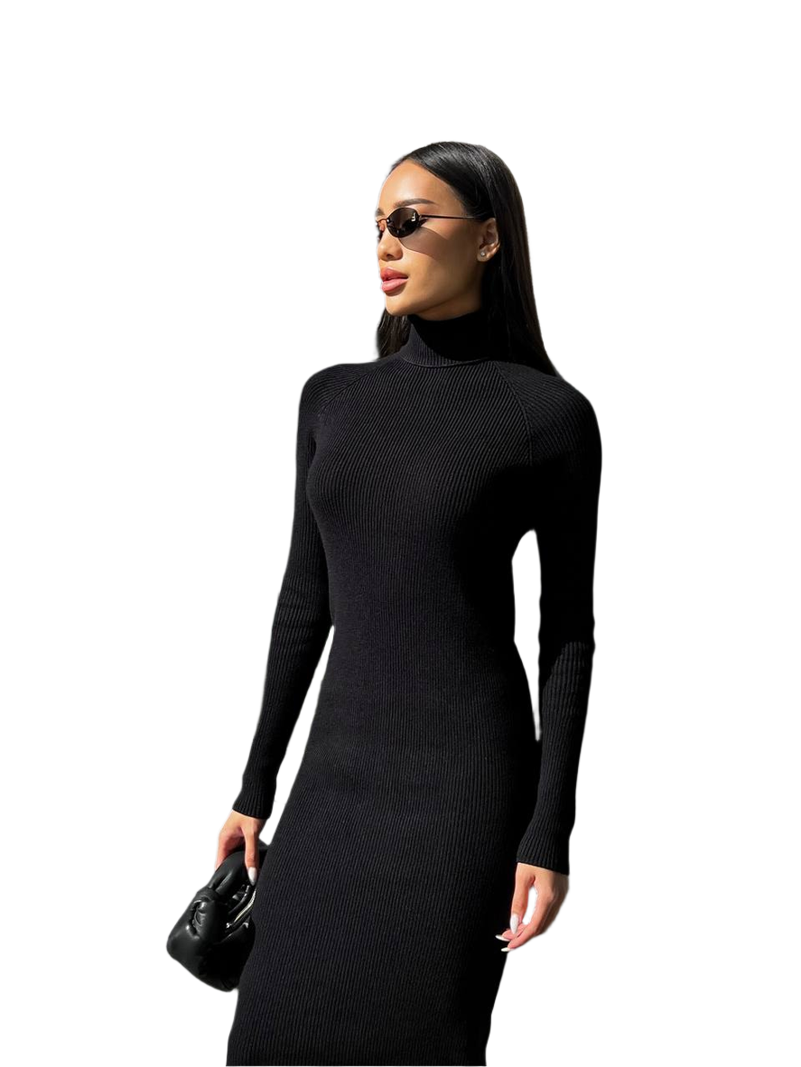 Woman wearing a black dress and sunglasses on a white background