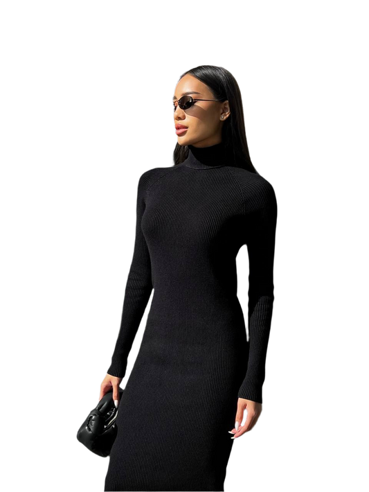 Woman wearing a black dress and sunglasses on a white background