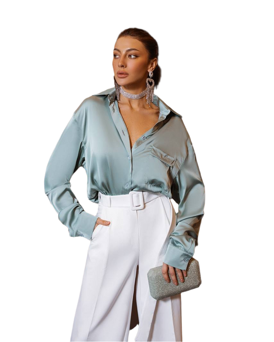 Womens Boyfriend Silk Shirt in Tiffany Blue