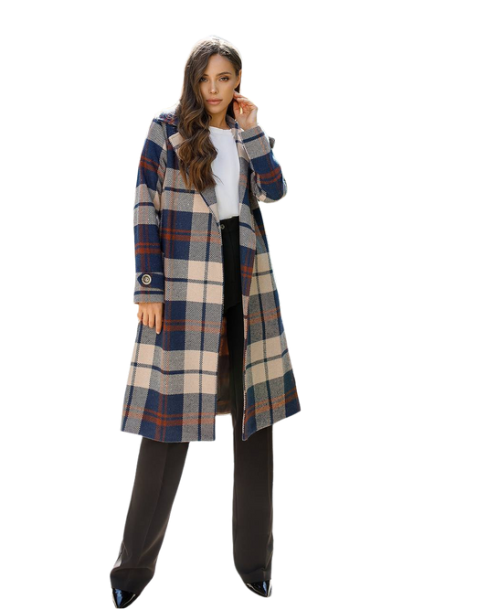 Woman wearing a plaid coat on a white background