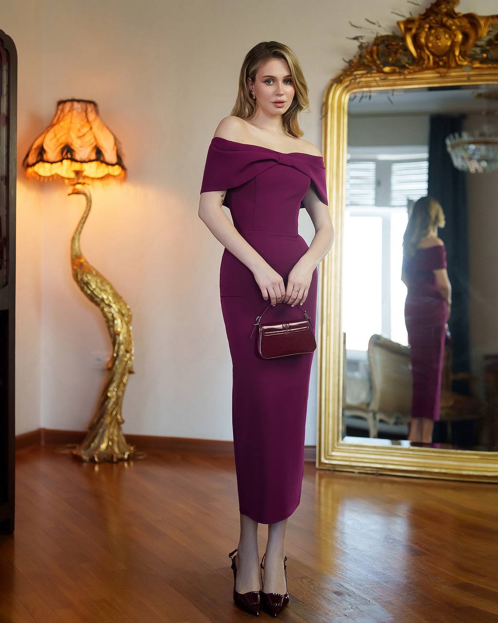 Elegant Burgundy Off Shoulder Midi Dress with Corset Detail