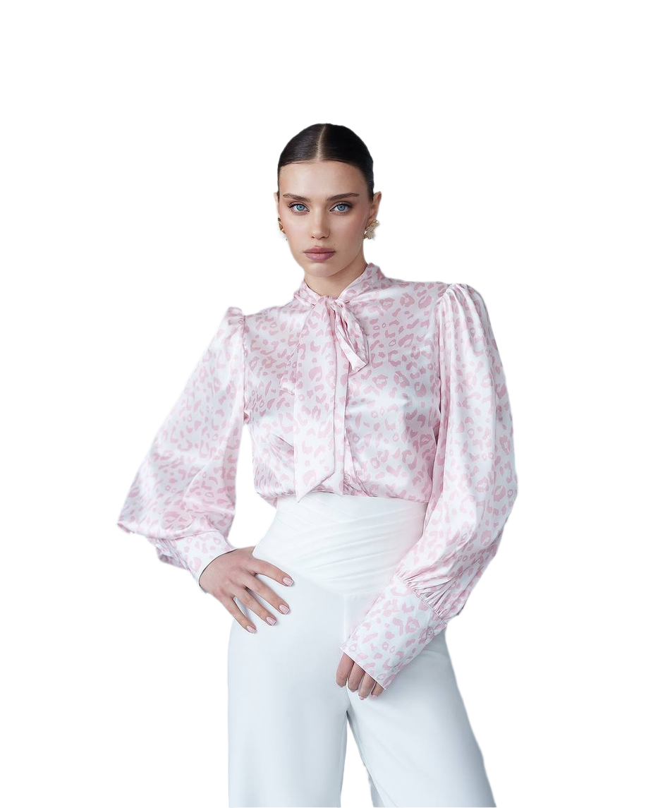 Womens Satin Printed Blouse with Tie Neck in Pink Leo