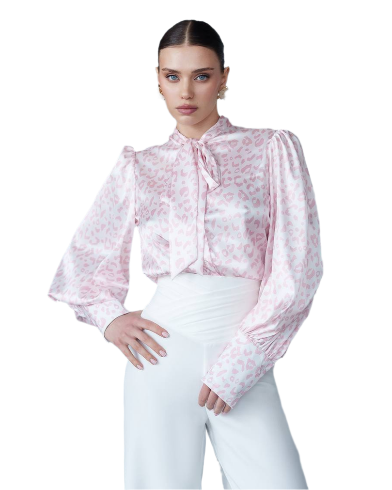 Womens Satin Printed Blouse with Tie Neck in Pink Leo