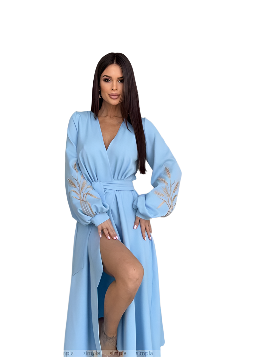 Elegant Light Blue Midi Dress with Sheer Embroidered Sleeves and Waist Tie