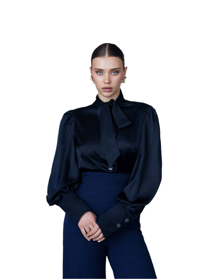 Elegant Black Satin Blouse with Long Puff Sleeves and Tie Neck