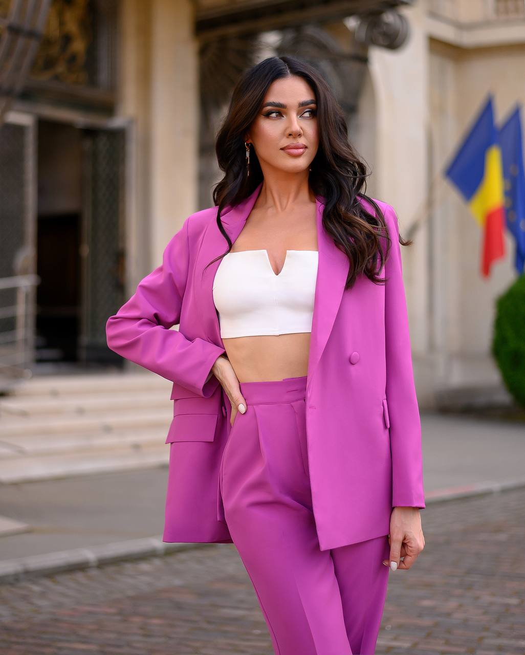 Luxury Diagonal Crepe Women's Suit in Violet with Tailored Jacket and Pants