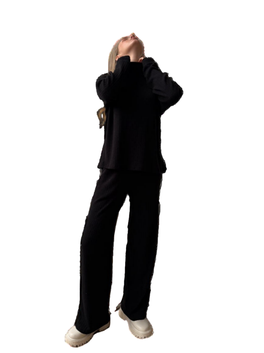 Black Knitted Suit Knit Set Relaxed Top Flared Pants Turkish Viscose Blend