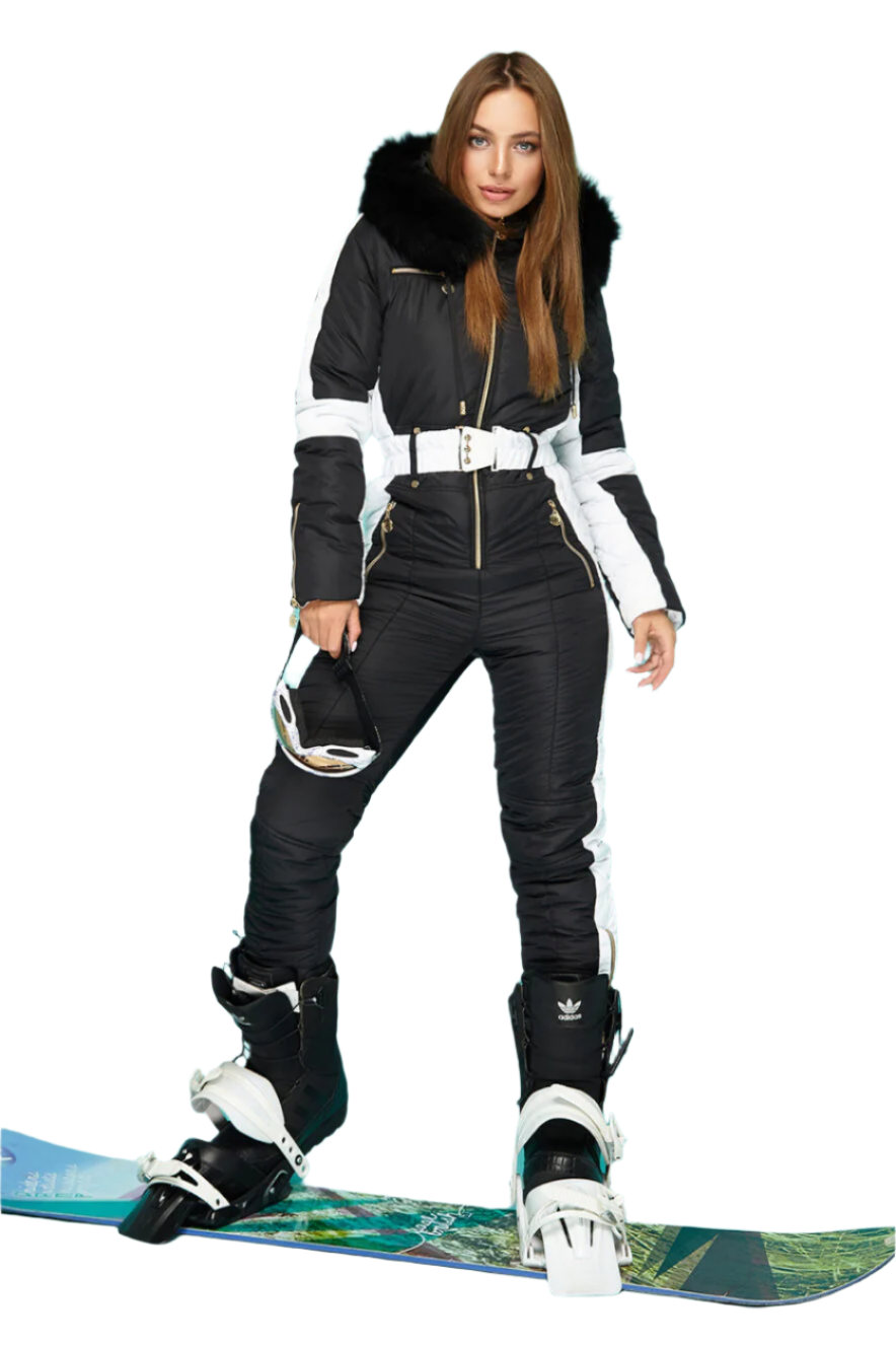 Stylish Women's Winter Ski Jumpsuit with Natural Fox Fur Hood and Moisture-Repellent Matte Fabric