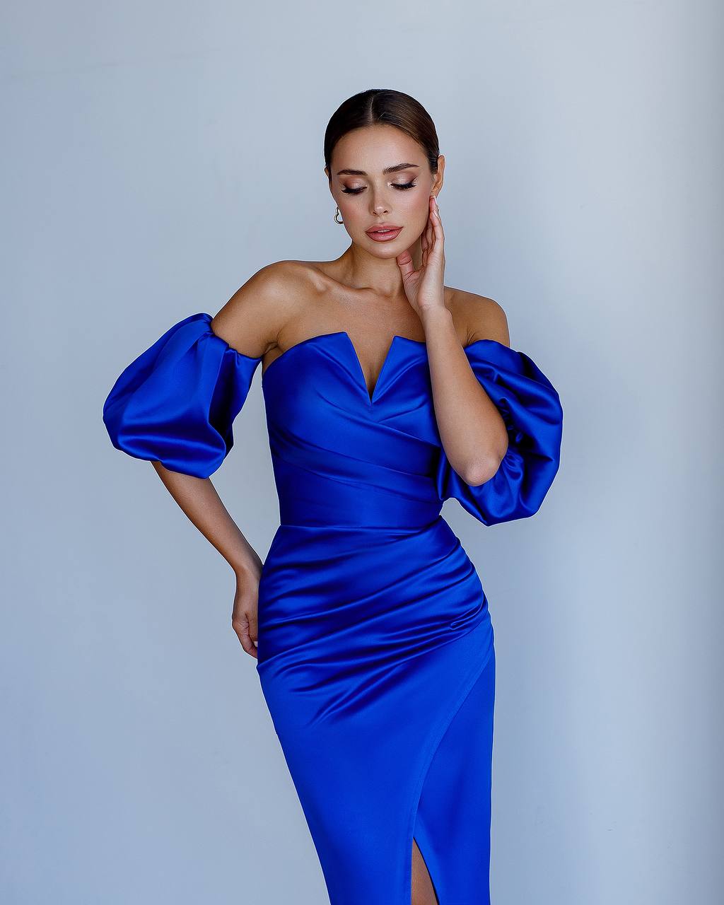 Royal Satin Midi Dress with Puff Sleeves in Electric Blue