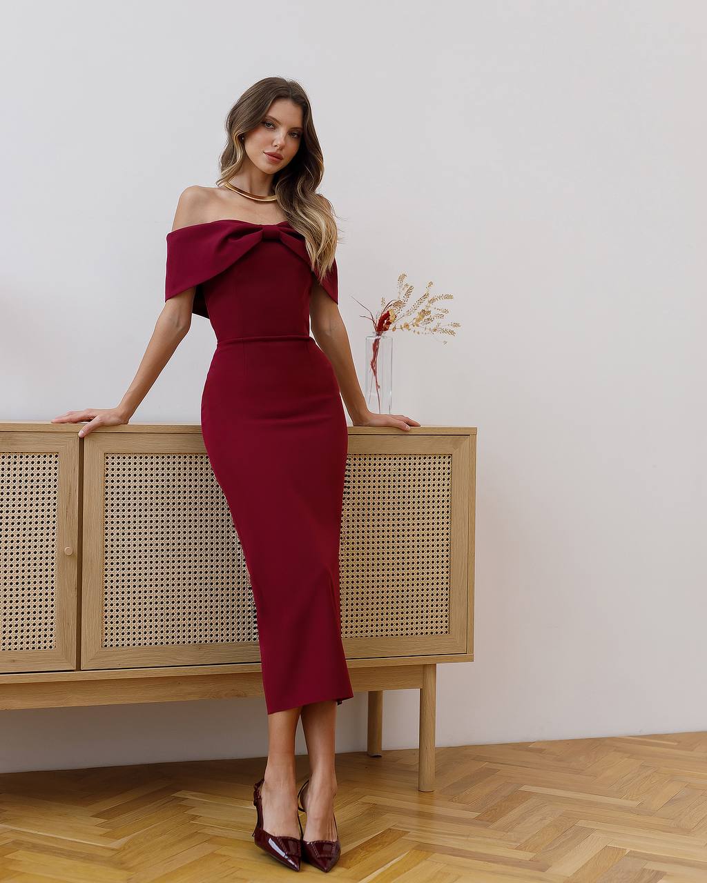 Elegant Burgundy Off Shoulder Midi Dress with Corset Detail