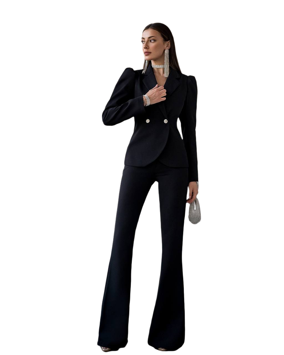 Womens Two Piece Suit Black Crepe Diagonal Blazer and Pants