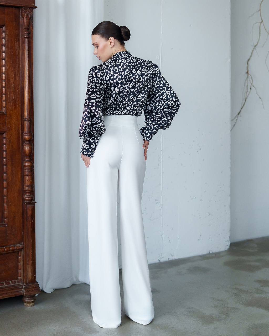 Womens Satin Printed Blouse with Tie Neck in Black White Leo
