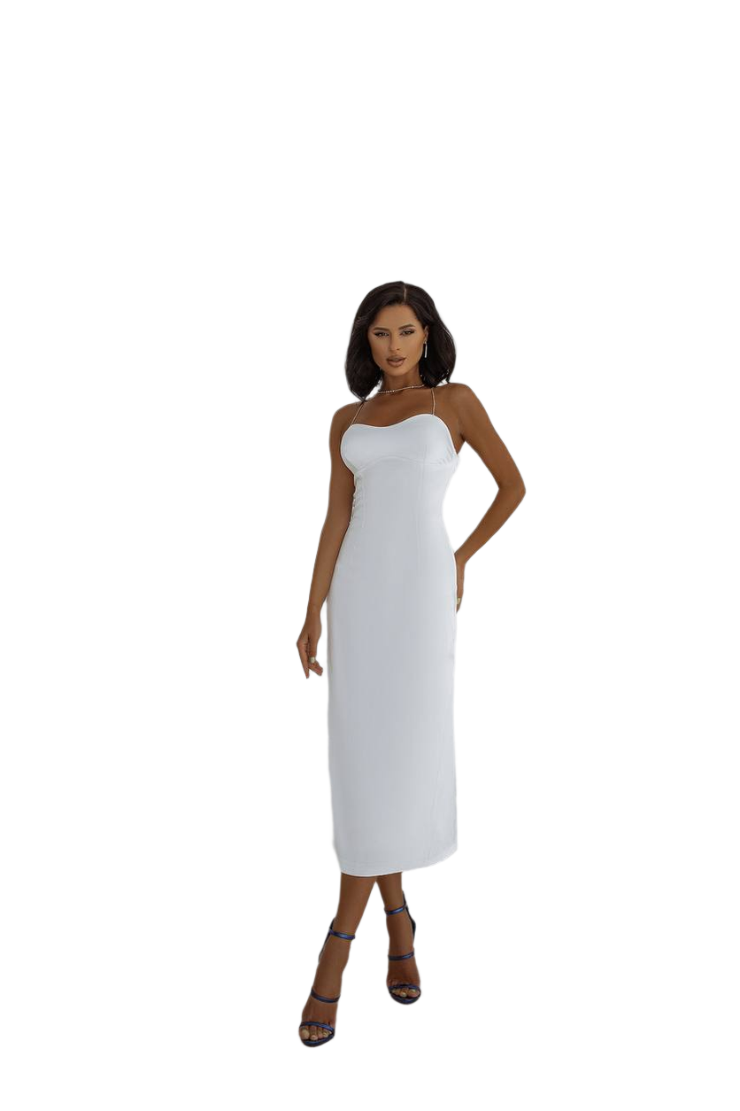 Woman wearing a white strapless dress on a white background