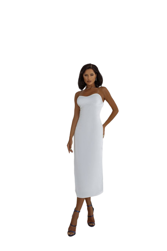 Woman wearing a white strapless dress on a white background