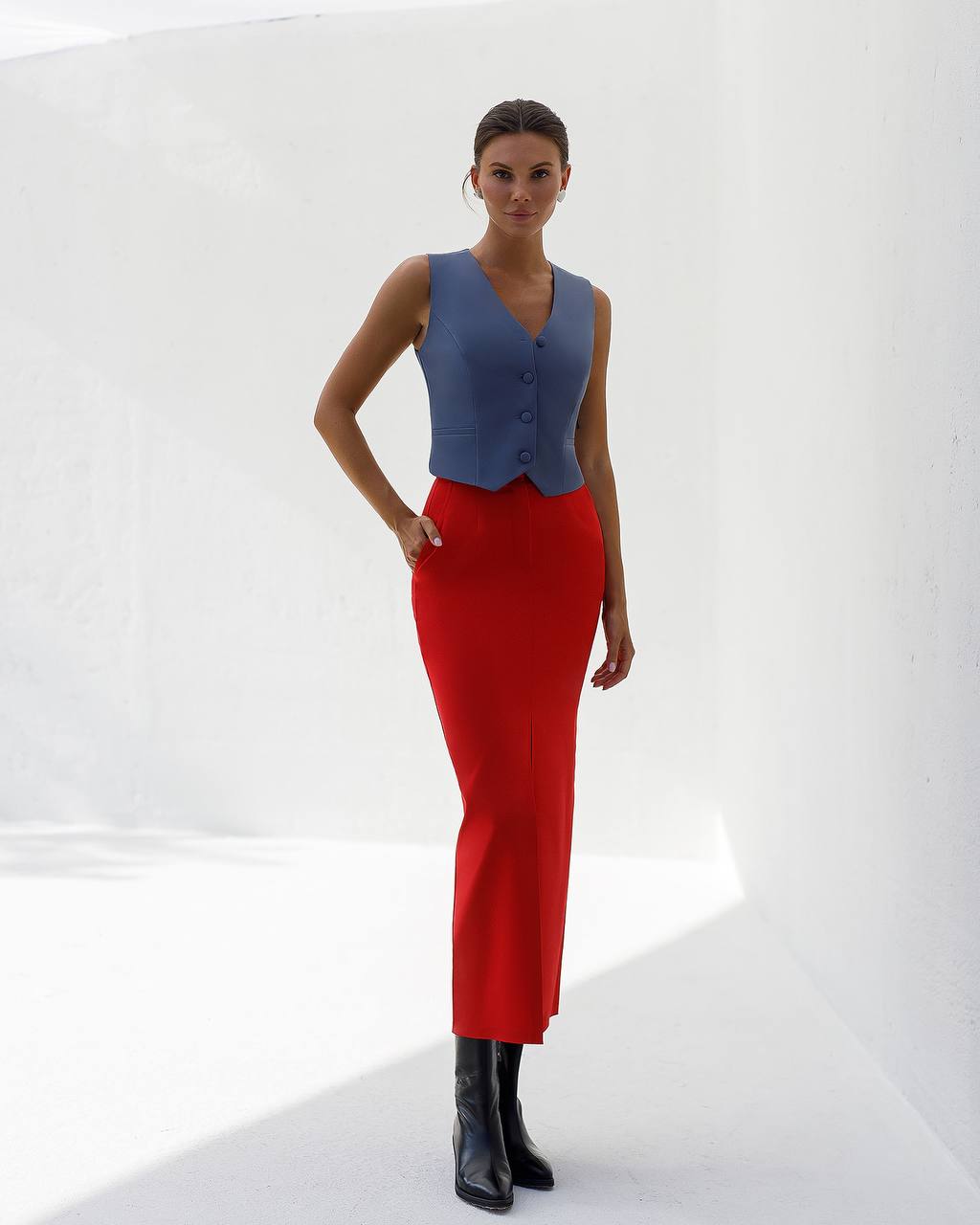 Premium Diagonal Crepe Waistcoat for Women in Dark Blue