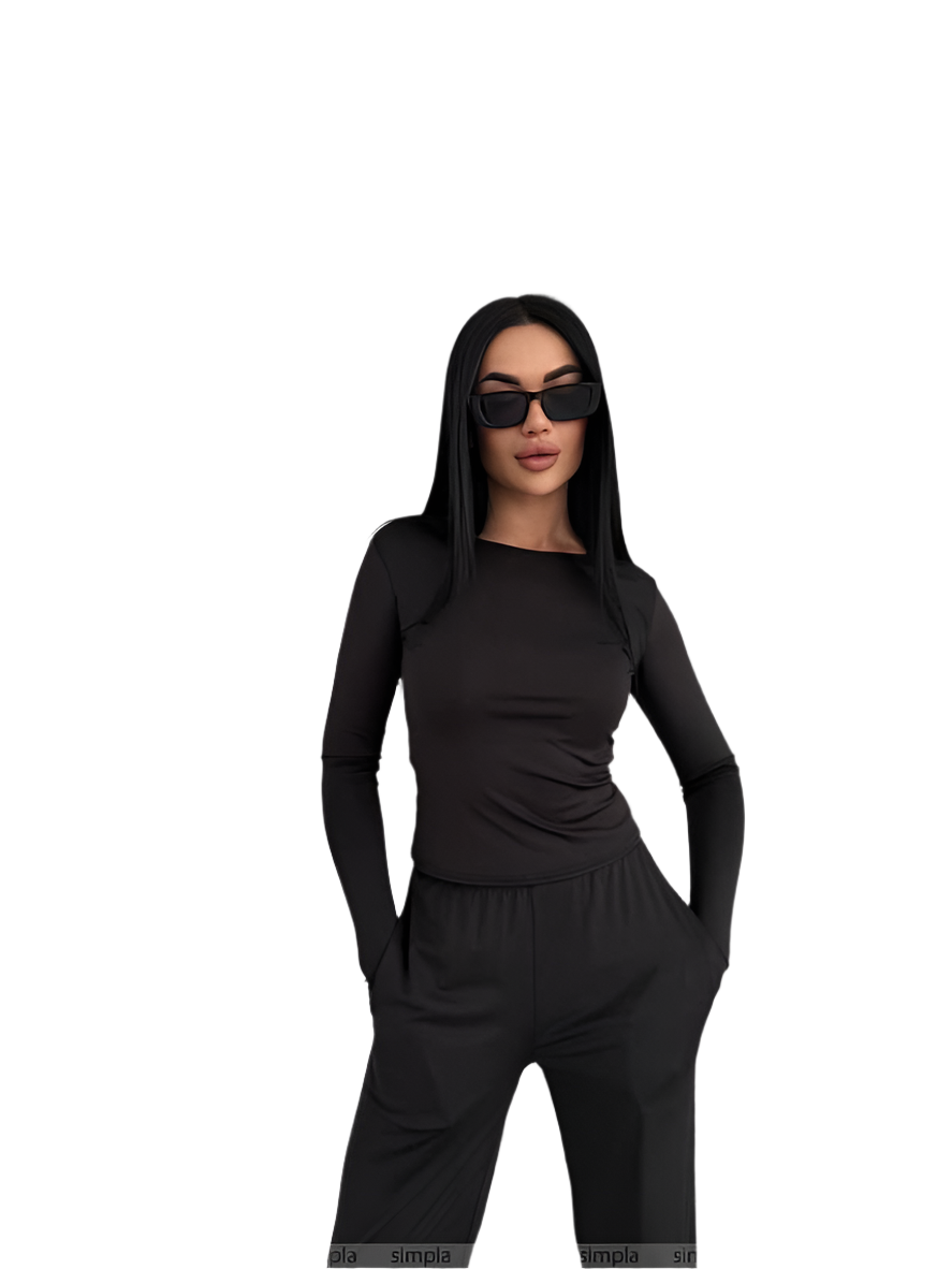 Woman wearing a black outfit with sunglasses on a white background