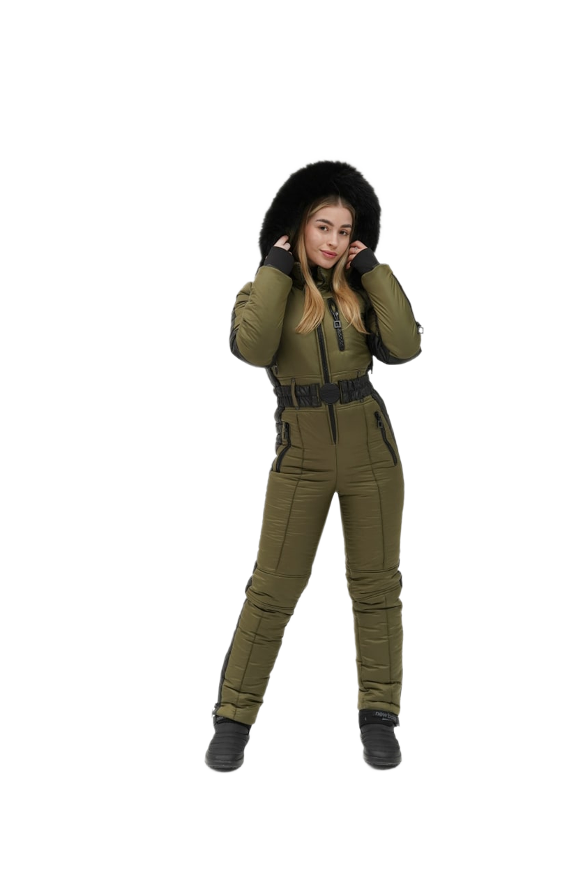 Person wearing a green jumpsuit with a fur-lined hood on a white background