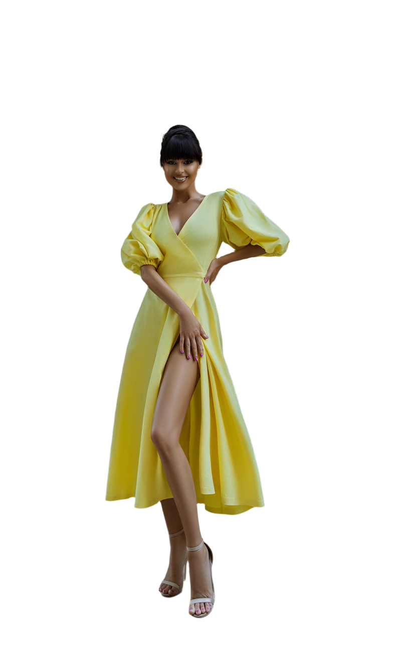 Linen Sundress for Women with Puff Sleeves and Side Slit