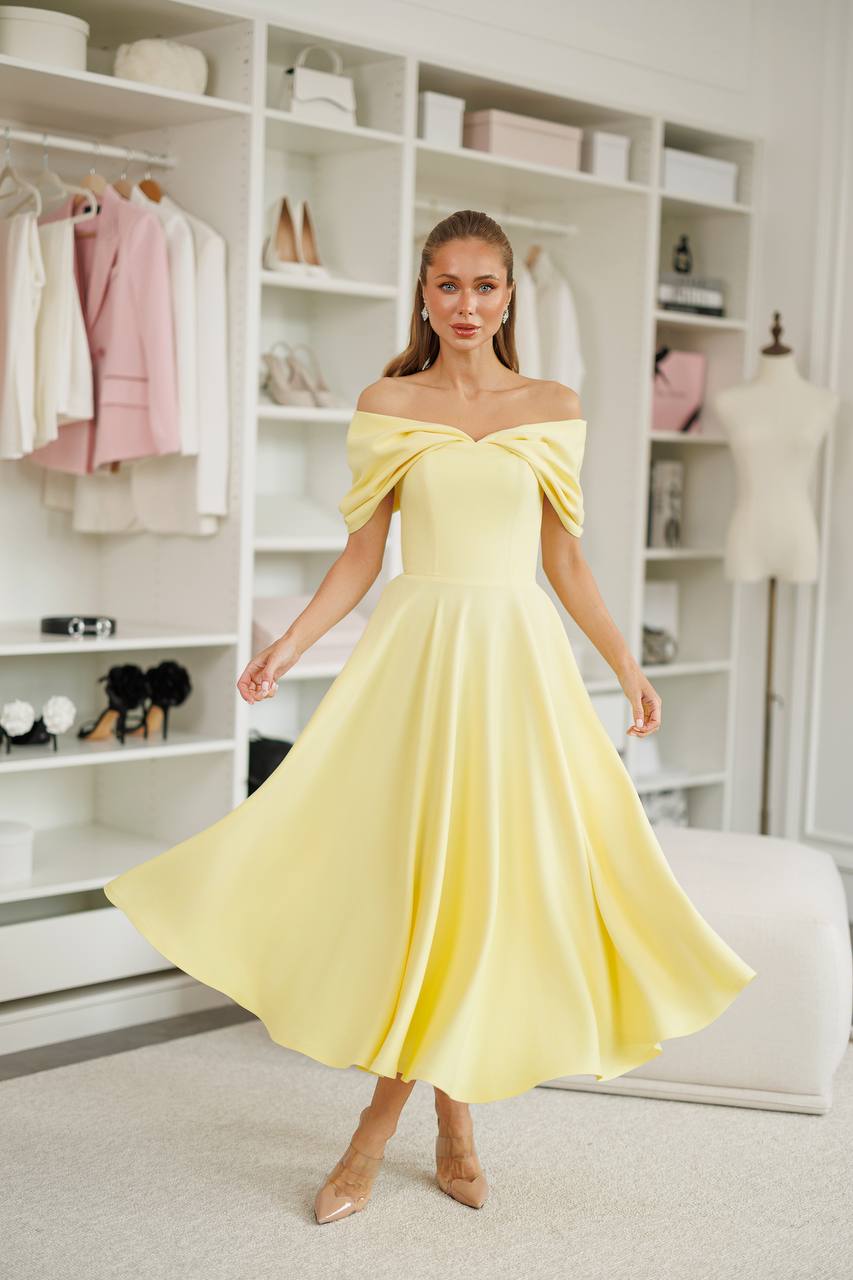 Elegant Off-Shoulder Yellow Diagonal Crepe Dress for Women