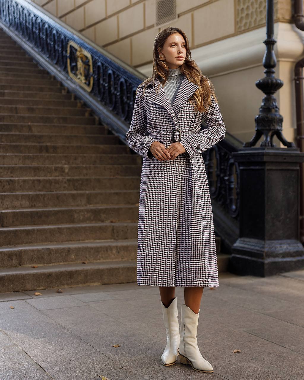 Womens Turkish Fabric Houndstooth Pattern Coat Long Trench Style Belted