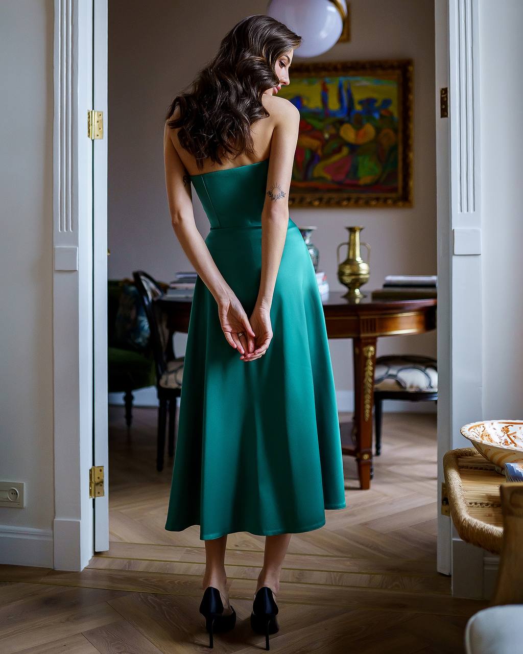 Elegant Royal Satin Dress with Corset and Skirt
