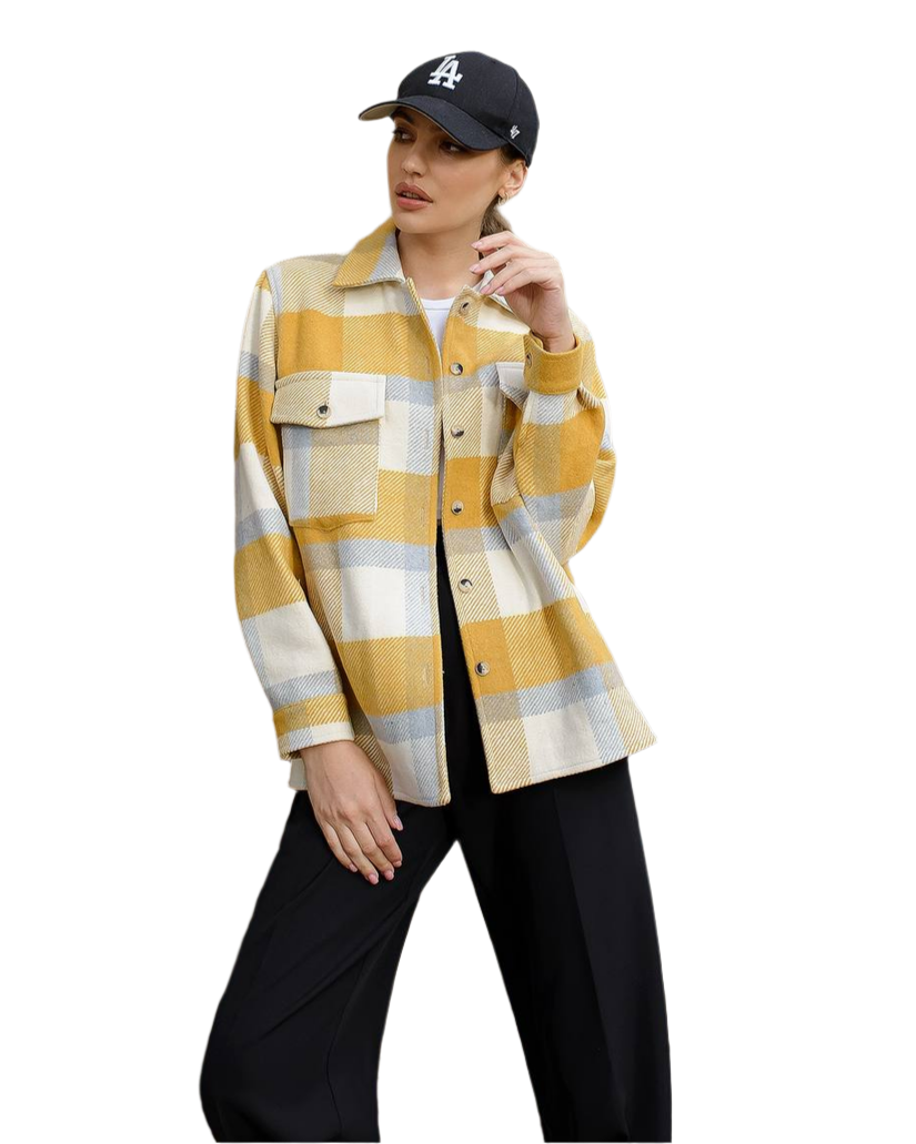 Womens Turkish Cashmere Wool Plaid Shirt in Mustard and White