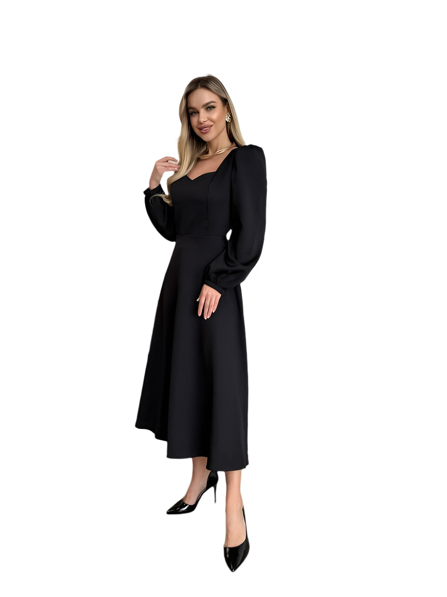 Elegant Black Midi Dress with Long Sleeves