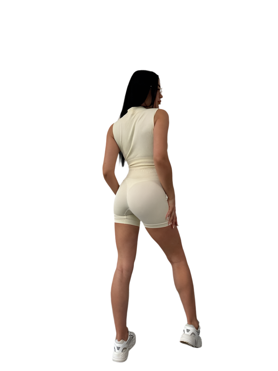 Stylish Seamless Ribbed Two-Piece Set with Waist Shaping and Zip-Up Top