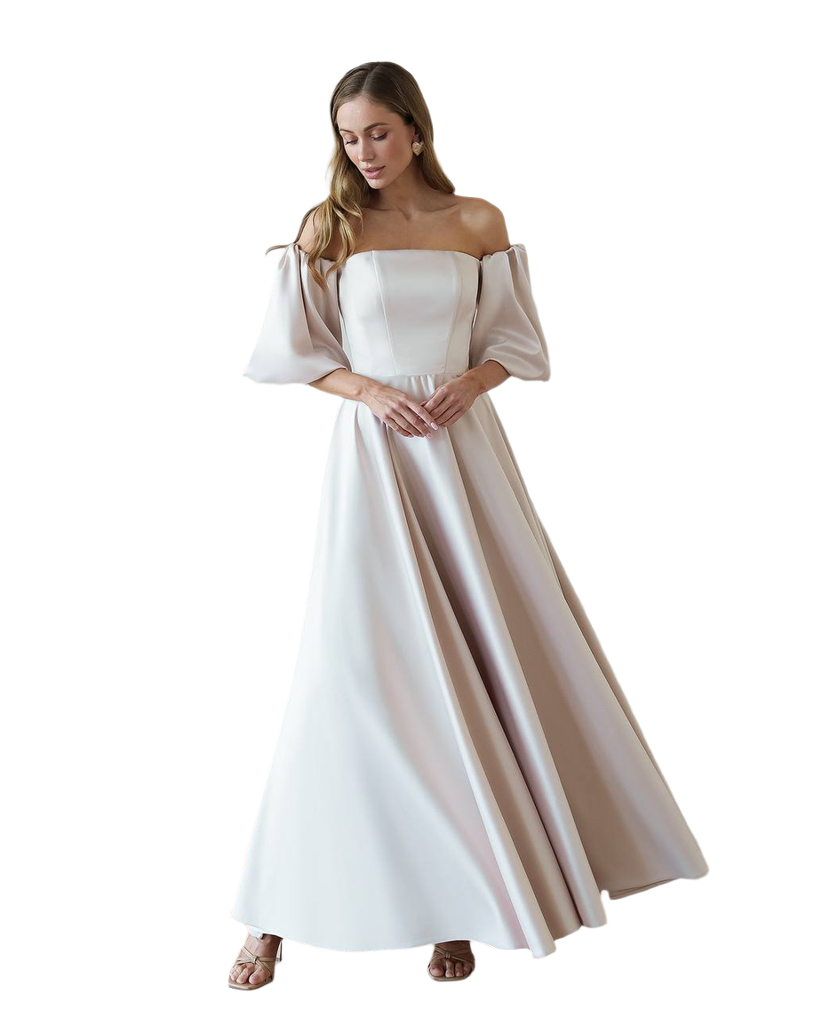 Elegant Off Shoulder Bridal Dress with Puff Sleeves in Premium Royal Satin