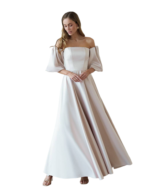 Elegant Off Shoulder Bridal Dress with Puff Sleeves in Premium Royal Satin