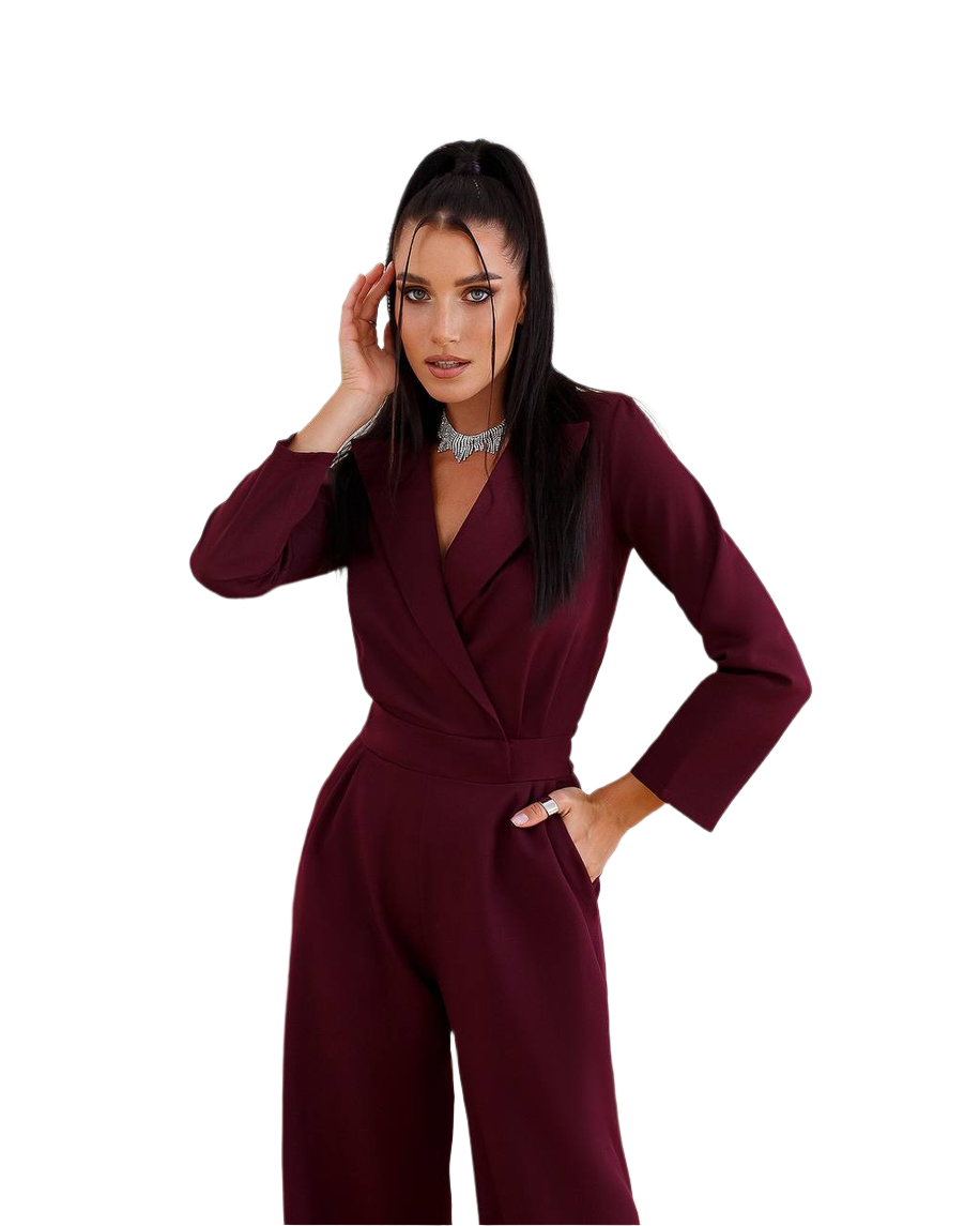 Woman wearing a burgundy jumpsuit on a white background