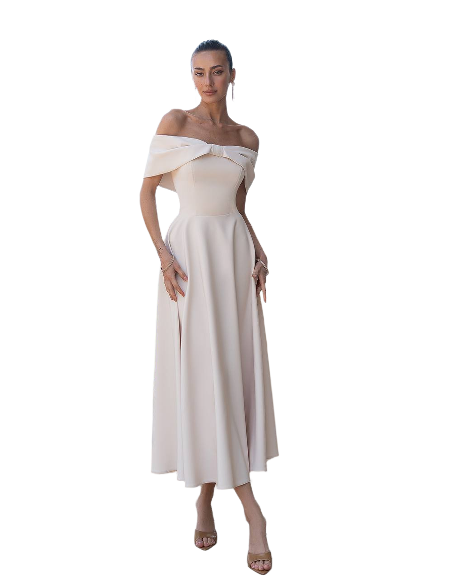 Elegant Off-Shoulder Midi Dress in Premium Cream Diagonal Fabric