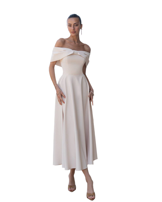 Elegant Off-Shoulder Midi Dress in Premium Cream Diagonal Fabric