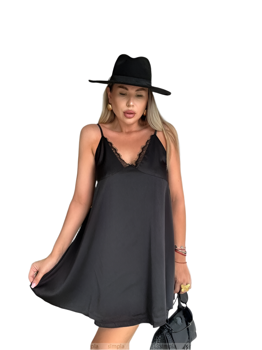Elegant Black Slip Dress with Lace Details and Back Cutout