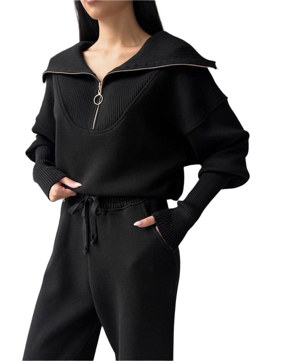 Luxury Black Women's Merino Wool and Cotton Suit with Sweater and Pants