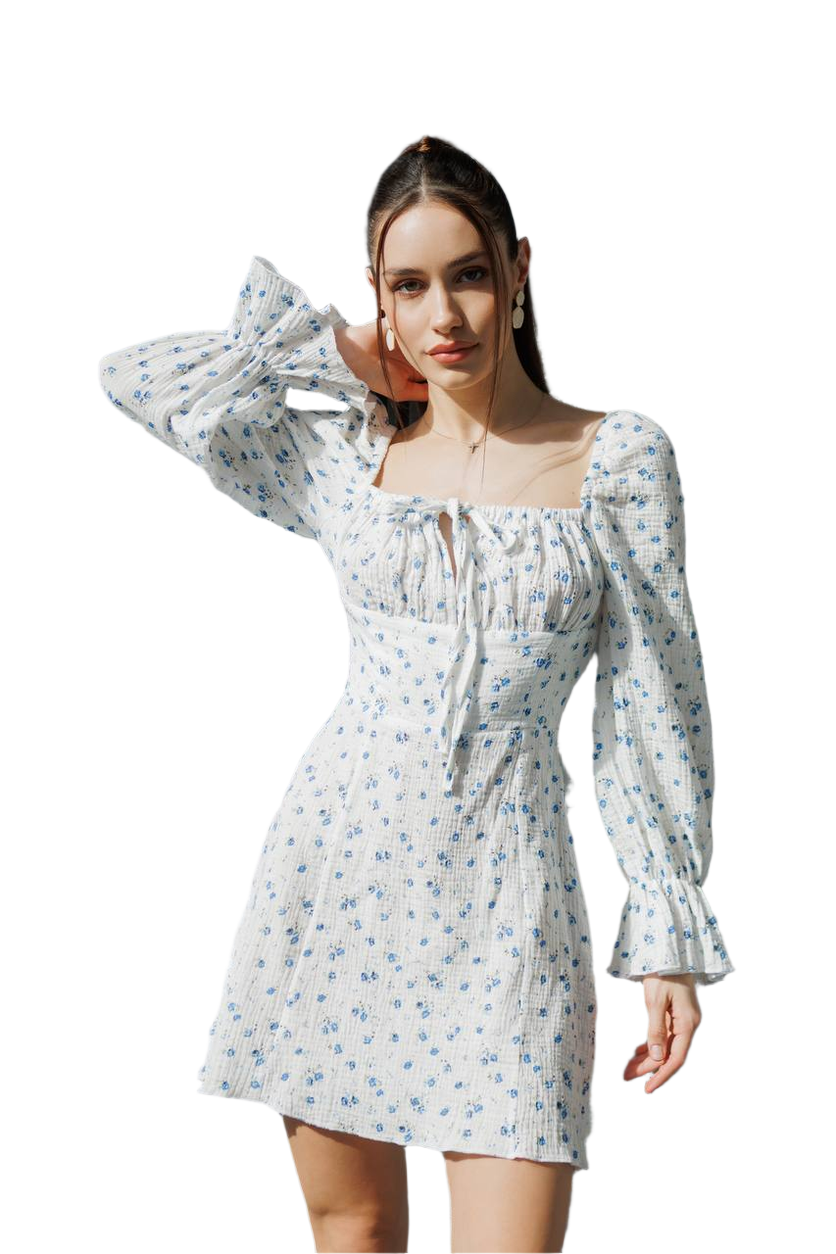 Elegant Blue Floral Muslin Dress for Women