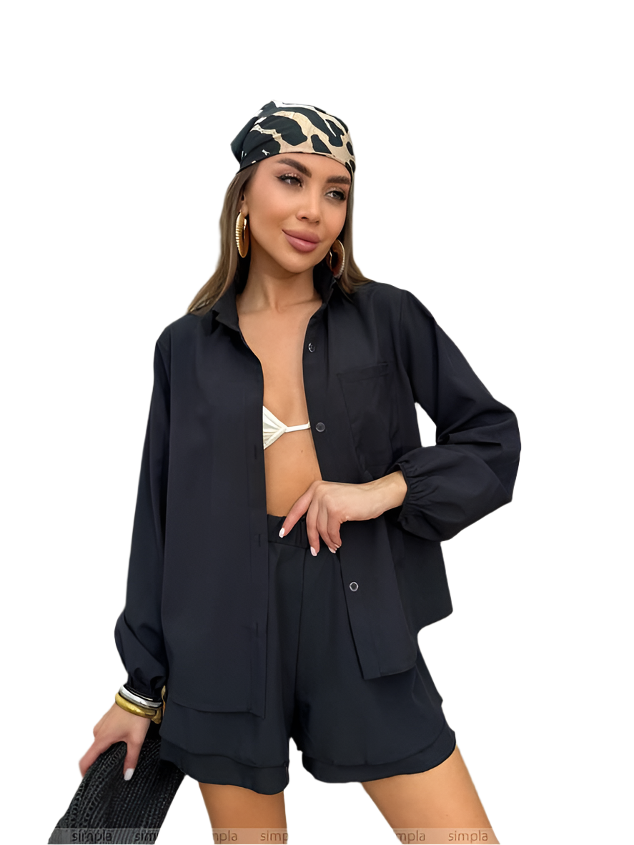 Lightweight Summer Soft Fabric Women's Two-Piece Set Black Shorts and Shirt
